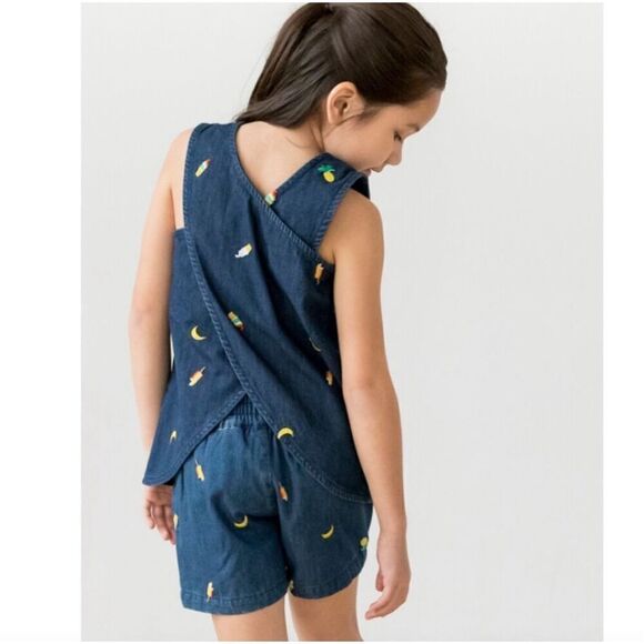 Hanna Anderson Ice Cream Fruit Embroidered Denim Jean Sleeveless Top 6 7‎ Girls - Picture 11 of 11
